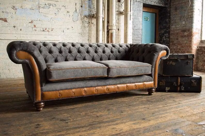XXL Sofa 3 Sitzer Couch Chesterfield Polster Sitz Garnitur Leder Grau