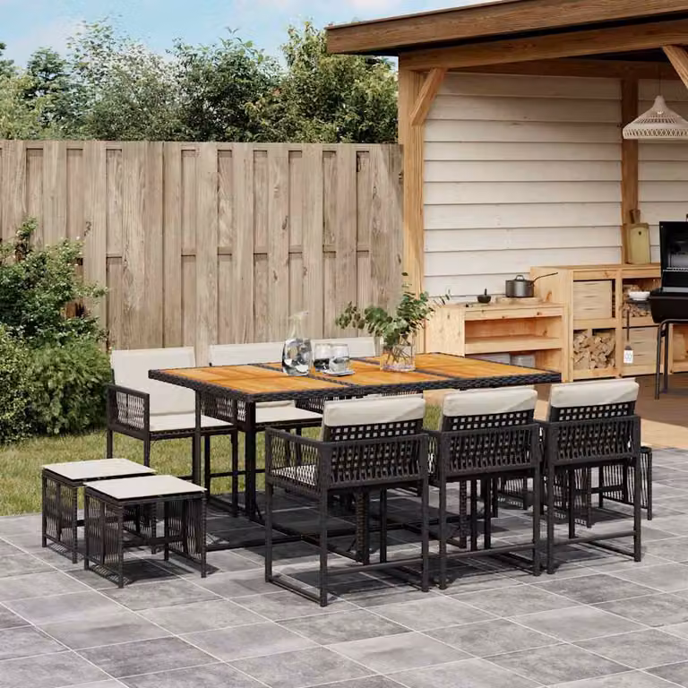 vidaXL Set da Pranzo da Giardino 11 pz in Polyrattan e Legno di Acacia con Cuscini Nero