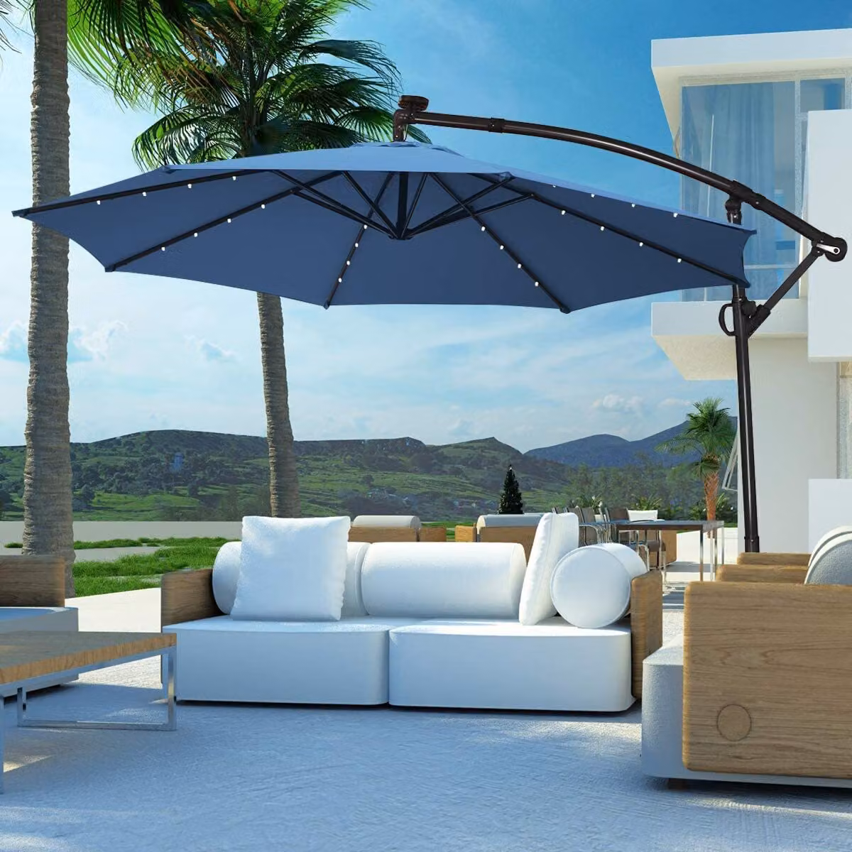 Ombrellone girevole a 360°, 300 cm, ombrellone da giardino inclinabile con 32 luci e manovella, protezione UV e base, ombrellone a braccio con 8 stecche per balcone (blu)
