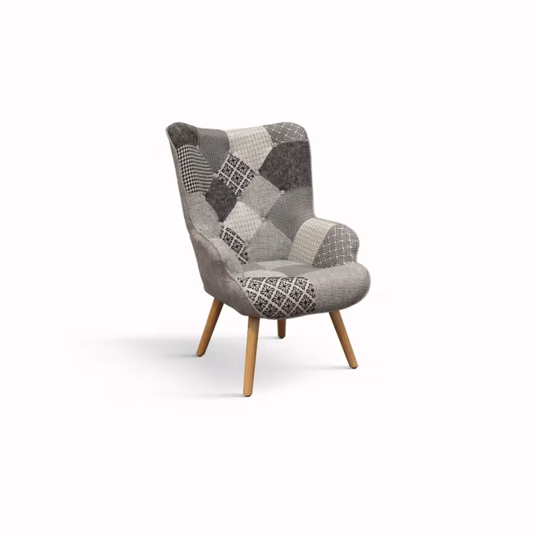 Poltrona HAVANA in tessuto patchwork grigio e gambe in legno