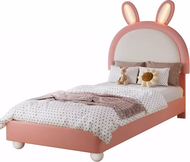 Letto singolo per bambini 90x200 cm con testiera a forma di coniglio, imbottito rosa e bianco con luce LED