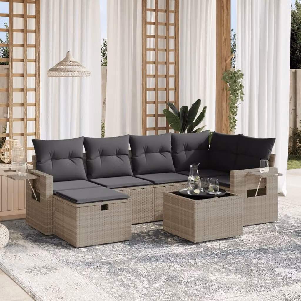 vidaXL Set Divani da Giardino 7 Pezzi a Forma di L con Cuscini Grigio Chiaro e Tavolino in Metallo e Vetro – 1