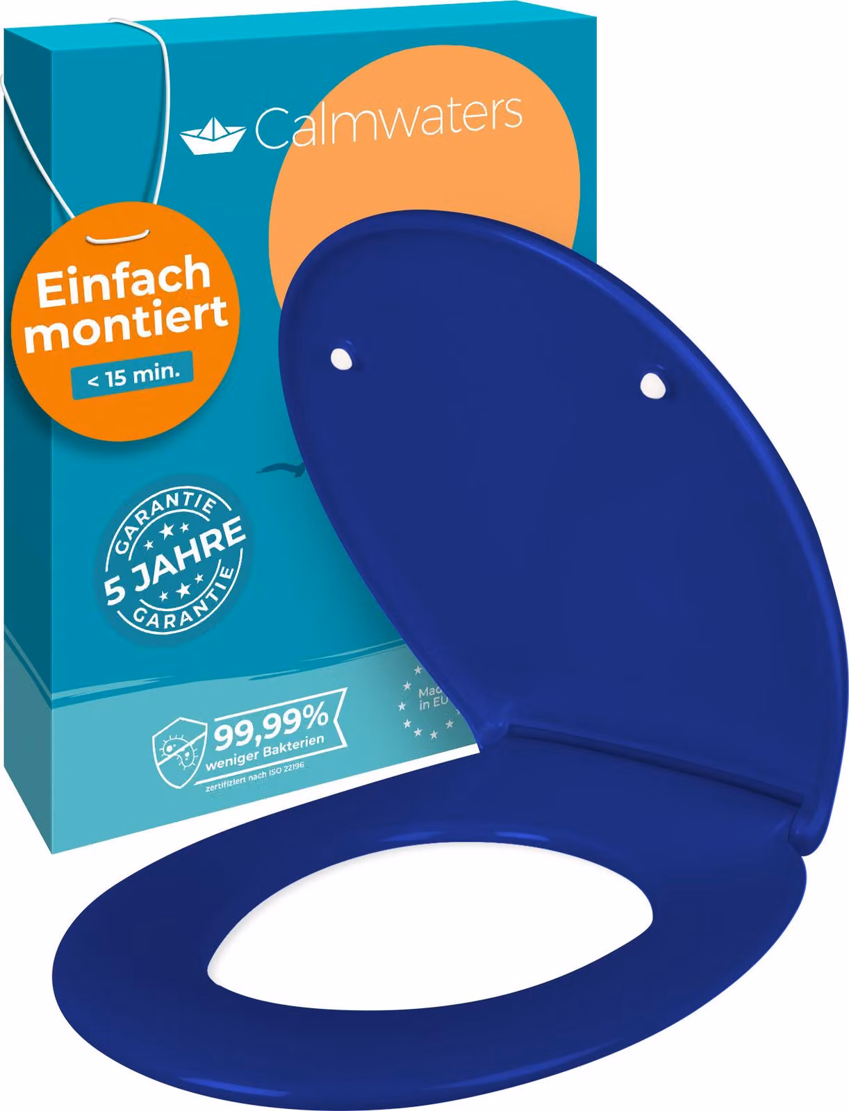Sedile per WC Calmwaters® Premium di facile installazione, coperchio per WC fino a 250 kg, EU, antibatterico in duroplast, meccanismo di chiusura morbida, 2 opzioni di montaggio, rimovibile, sedile per WC, ovale, blu