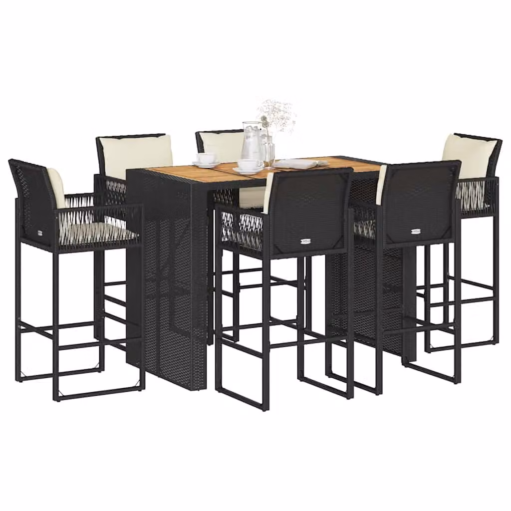 Set Bar da Giardino vidaXL in Polyrattan e Legno di Acacia con 7 Pezzi e Cuscini, Nero e Bianco