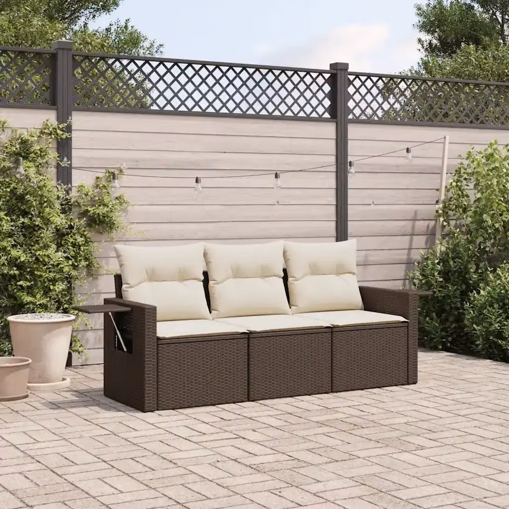 Set Salotto da Giardino 3 Pezzi in Polyrattan Marrone con Cuscini Imbottiti e Tavolino da Esterno – 2