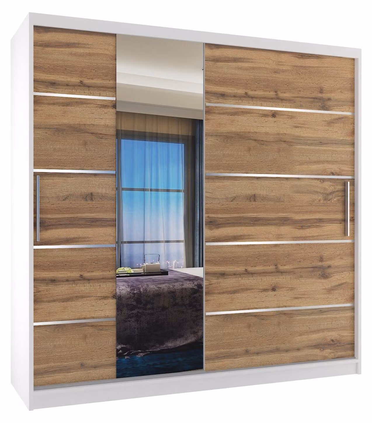 BELINI Verona, armadio scorrevole da 200 cm, bianco/oro bronzo opaco - armadio con specchio e 2 cassetti, ideale per la camera da letto