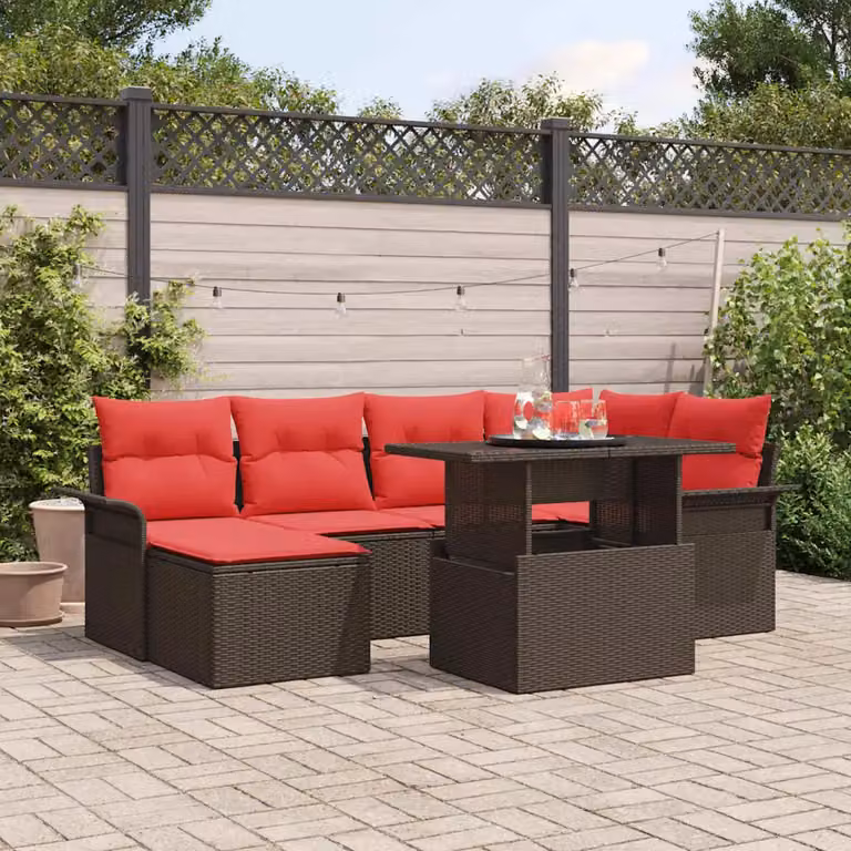 Set Divano da Giardino Moderno vidaXL a Forma a L con 7 Pezzi, Colore Marrone e Rosso, Struttura in Acciaio Verniciato a Polvere e Cuscini Inclusi