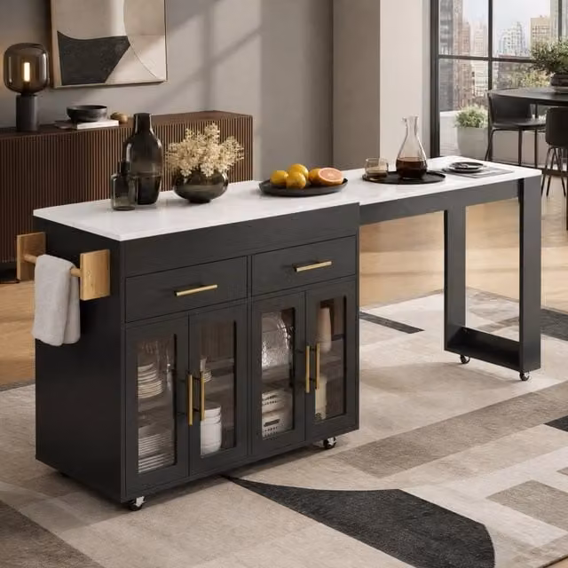 Isola da cucina mobile estensibile con piano bar; cassetti e ante in vetro; MDF nero
