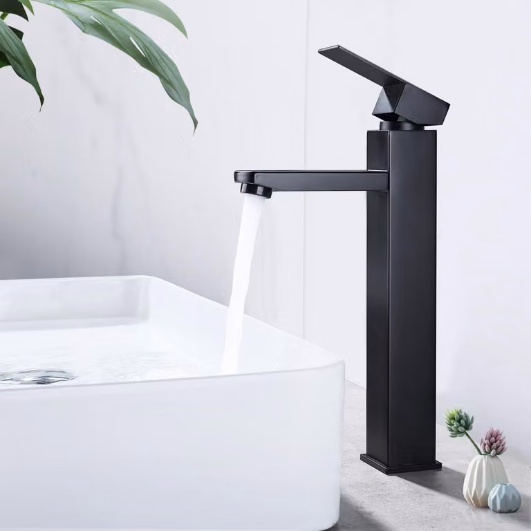 Miscelatore per lavabo, design squadrato, colore nero, altezza 295 mm, acciaio inossidabile, valvola in Vetroceramica, comando monocomando