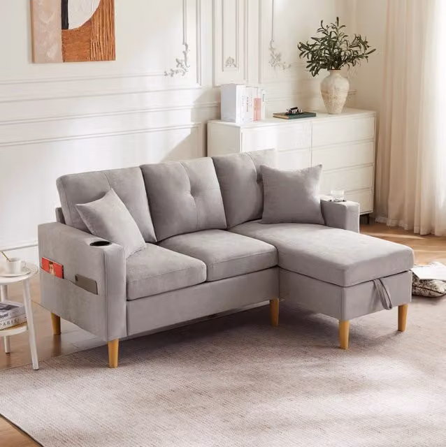 Divano L 175x129x90 cm in tessuto grigio chiaro, con chaise longue, per spazi piccoli –