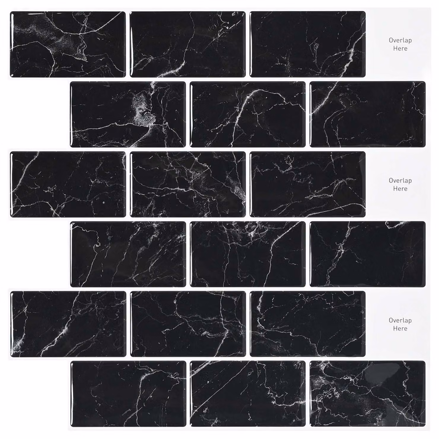 Set di 50 piastrelle subway vidaXL effetto marmo nero lucido per parete, L/P: 30 x 30 cm