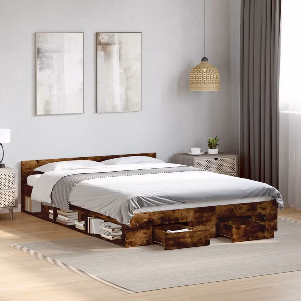 vidaXL Giroletto con Cassetti in Legno Multistrato Rovere Fumo L: 140 cm, P: 200 cm – 1