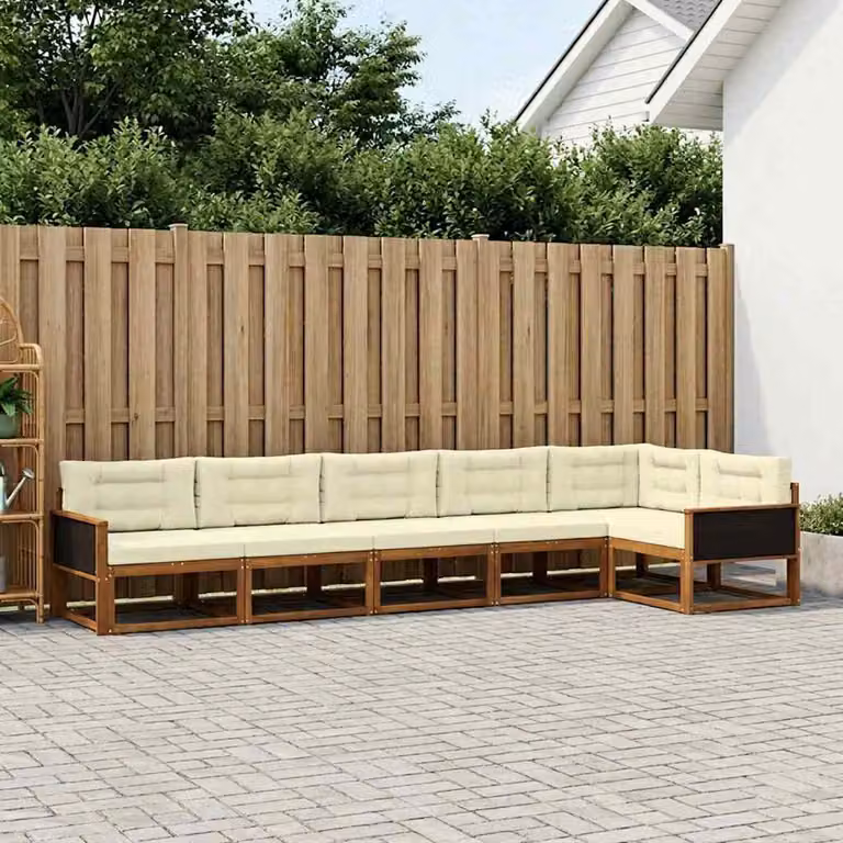 Set di divani da esterno vidaXL a forma di L in legno di acacia con cuscini, 6 pezzi, Beige, Bianco e Marrone