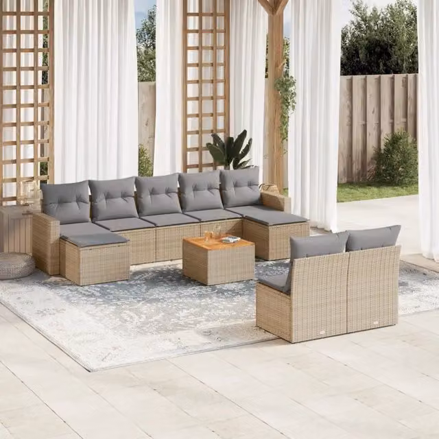 vidaXL Set Divano da Giardino 10 pz in Polyrattan con Cuscini Beige e Grigio e Tavolino da Esterno