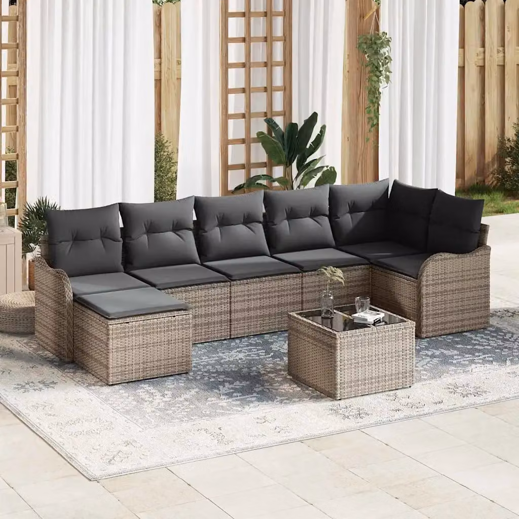 Set Divano da Giardino a L vidaXL in Polyrattan Grigio con Cuscini, Tavolino e Ottoman, 8 Pezzi