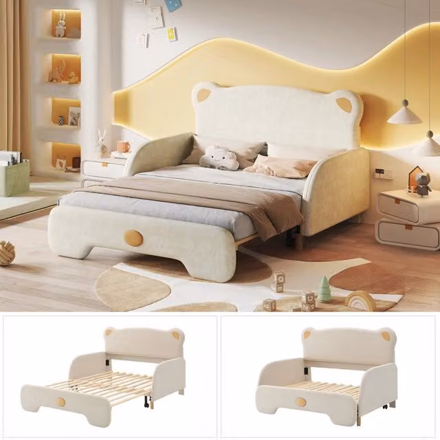 Letto Estraibile per Bambini 140x200 cm con Design Orsetto; Divano Letto e Bordo Morbido Beige