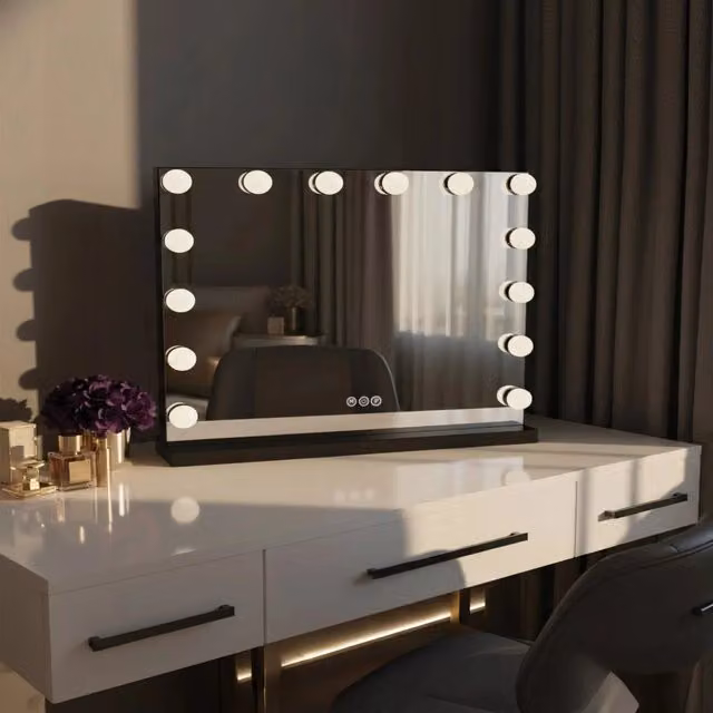 Specchio Hollywood REA da tavolo con LED dimmerabile e cornice nera rettangolare