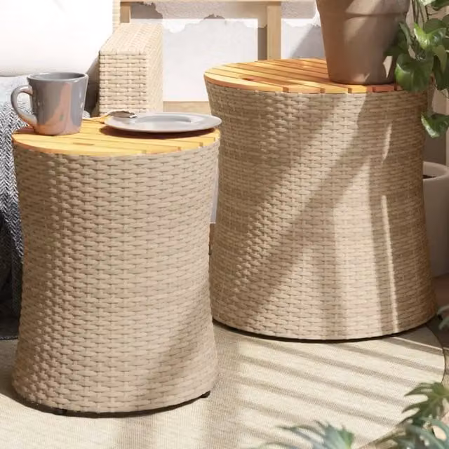 Set di 2 tavolini da giardino rotondi vidaXL in polyrattan beige con piano in legno di acacia oliato