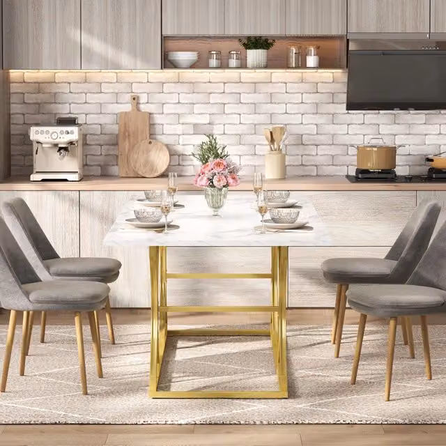 Tavolo da pranzo moderno REDOM rettangolare con effetto marmo bianco e oro, L: 200 cm, P: 80 cm, H: 76 cm