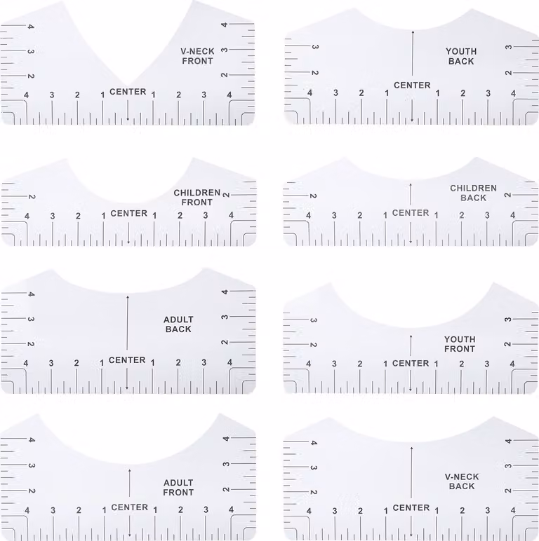 Set di righelli per magliette, strumento di allineamento in 8 pezzi per scollo rotondo, sagoma da cucito per il posizionamento centrato per il design di abbigliamento, trasparente