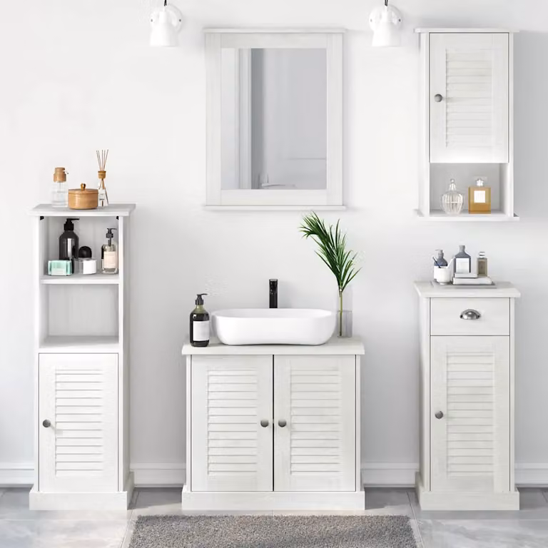 Set di mobili per il bagno VIGO vidaXL in legno di pino bianco, 5 pezzi, moderno e sospeso, L/P/H: 110 x 43,8 x 68 cm