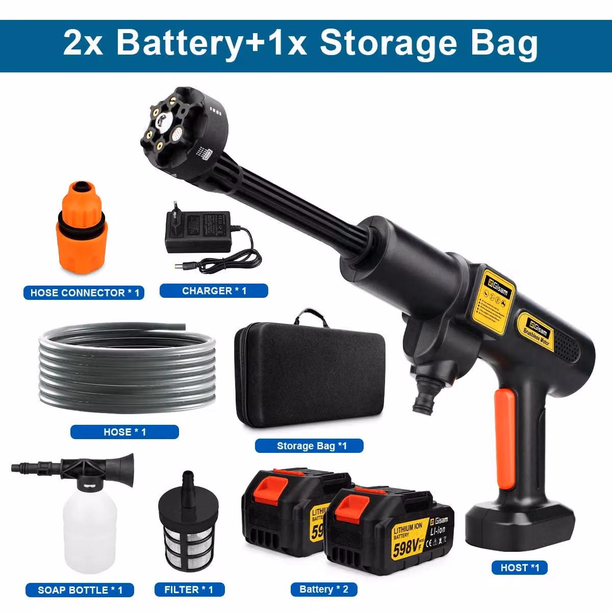 Idropulitrice per auto e giardino - Pistola a pressione elettrica senza spazzole - 100–200 bar - Ugello 6-in-1 - Senza fili, 18V - Con 2 batterie