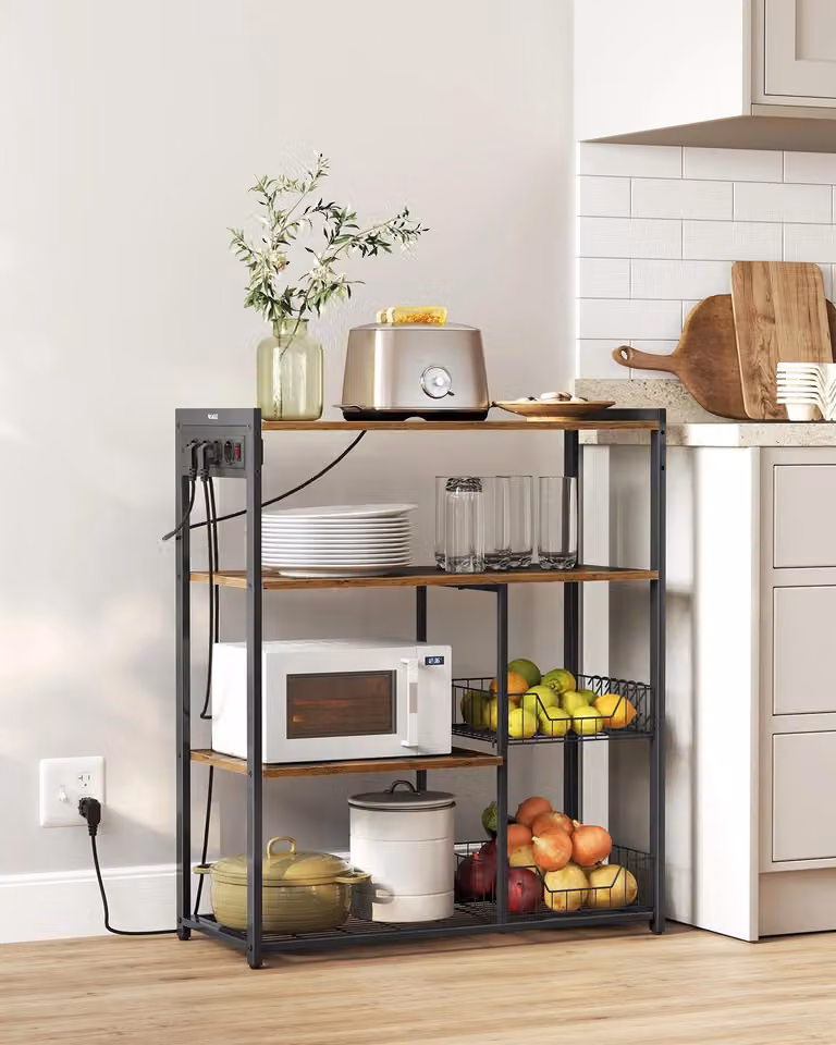 Scaffale da cucina - Scaffale per microonde - Con prese elettriche - 2 cestelli in metallo - 35×80×93,5 cm - Design industriale - Giallo