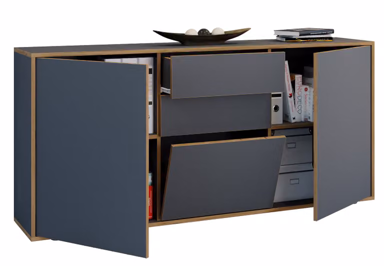 Cassettiera in legno | Tavolino con ante girevoli, cassetti e lembo | Mobili da ufficio | Dimensioni ca. H. 74 x W. 160 x D. 33cm - Salia