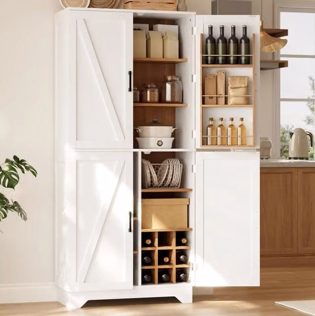 Credenza alta 80x40x180 cm in MDF bianco e naturale con 4 ante; portabottiglie e vani aperti