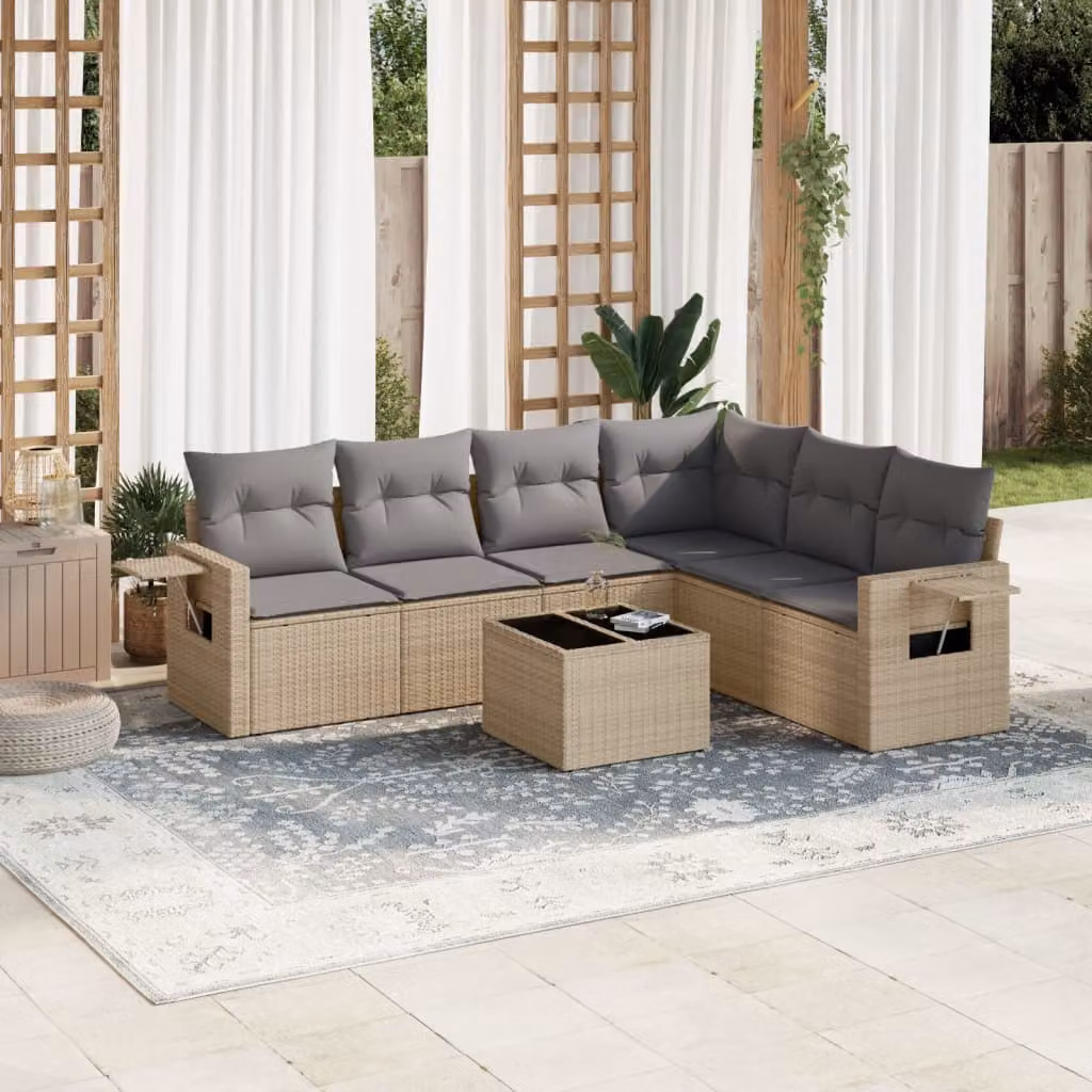 Set di divani da giardino vidaXL in polyrattan beige con cuscini e tavolino da esterno 7 pezzi – 1