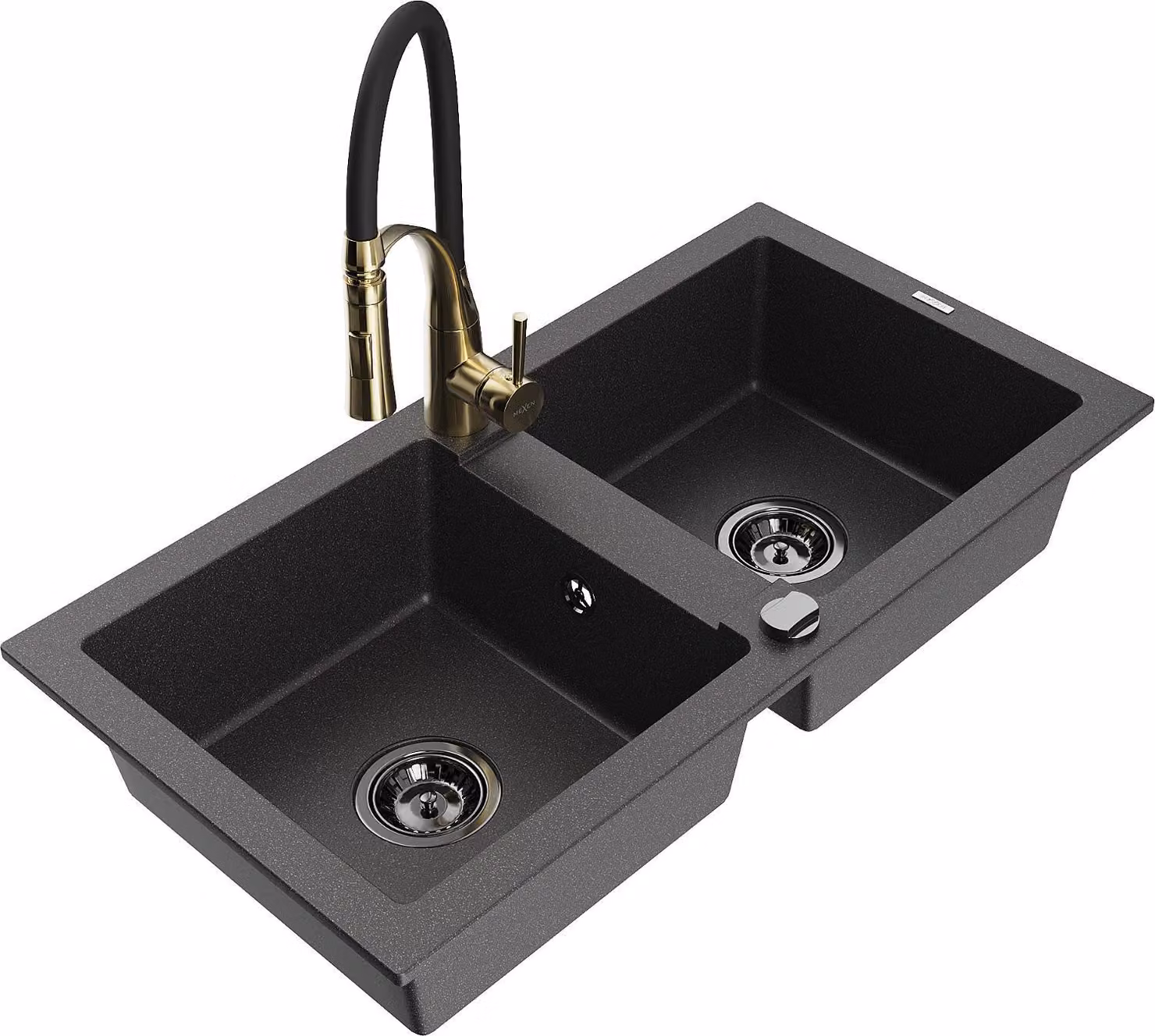 Mexen Mario lavello in granito a 2 vasche con miscelatore da cucina Aster, nero puntinato - 6504-76-73450-57-B
