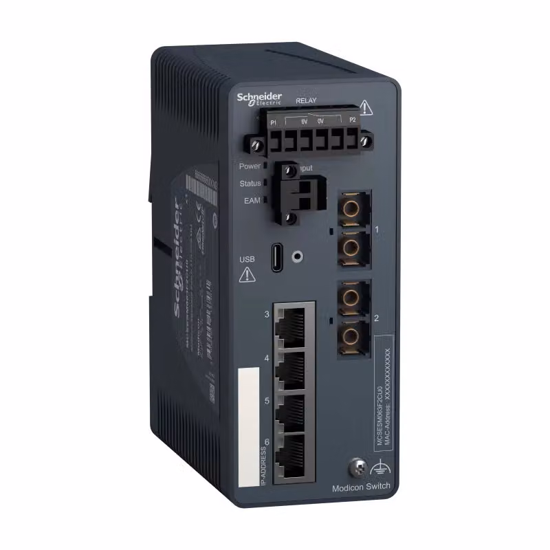 Switch gestito Schneider Electric Modicon, 4 porte per cavo in rame (4TX 10/100 Mbit/s) + 2 per fibra ottica multimodale (2FX-MM 100 Mbit/s) MCSESM063F2CU0