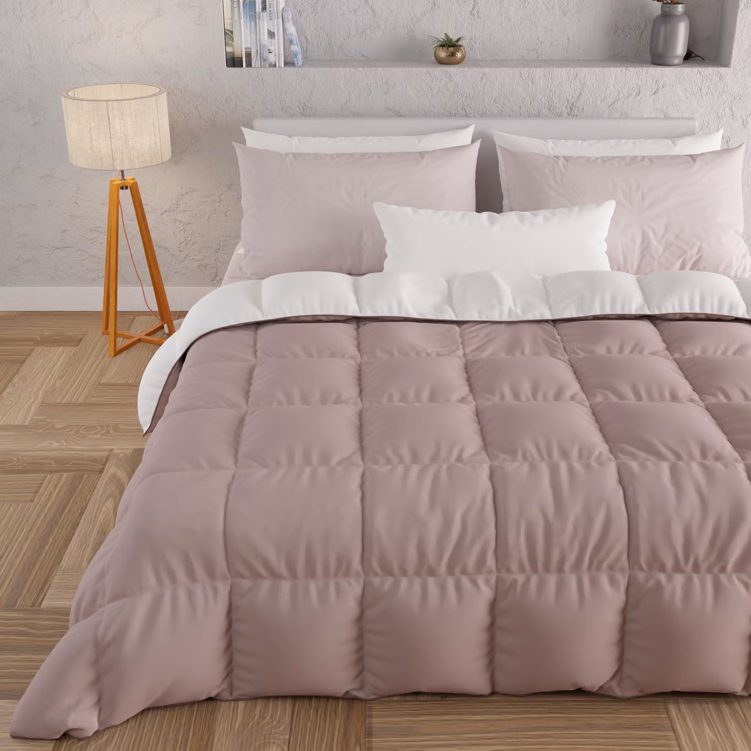 Coperta invernale per letto, dimensioni 260x270 cm, fronte/retro, color rosa antico/bianco, in microfibra, peso 300 g/m²
