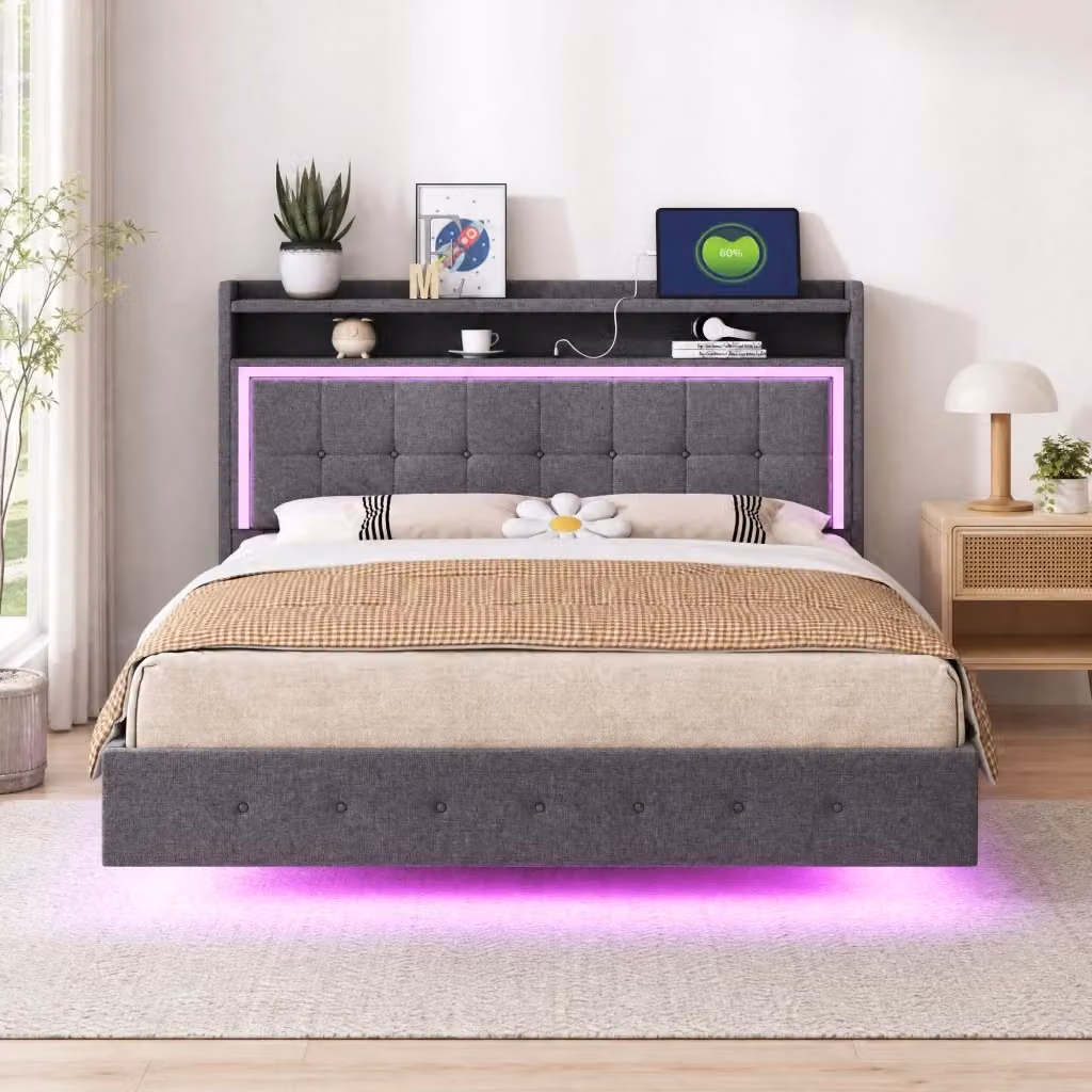 Letto Imbottito REDOM Grigio con Porte USB e Illuminazione LED L/P/H: 213 x 140 x 113,5 cm – 2