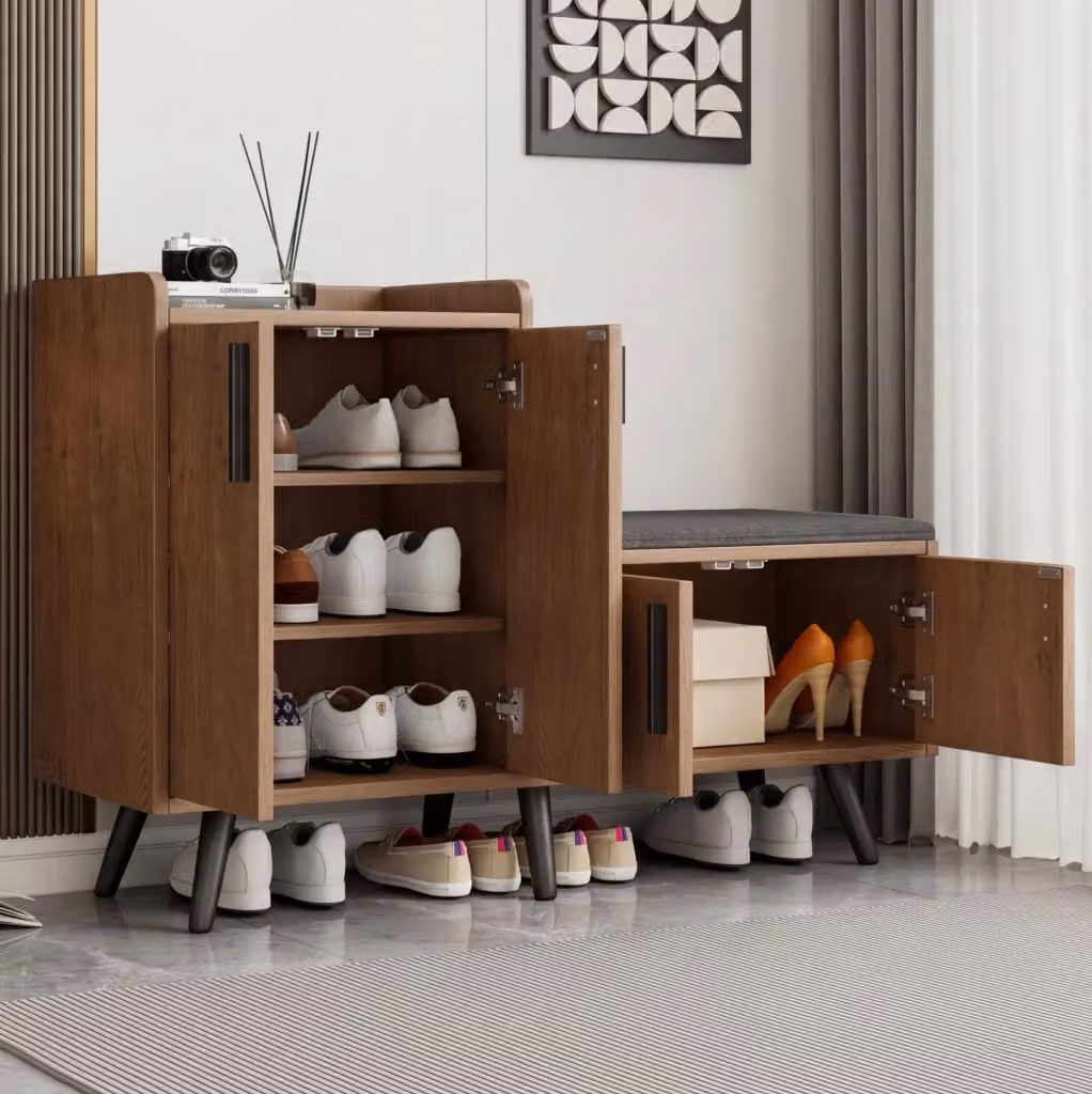 Scarpiera con seduta imbottita in MDF e metallo, colore beige e marrone, L: 120 cm, P: 34 cm, H: 82,8 cm – 2