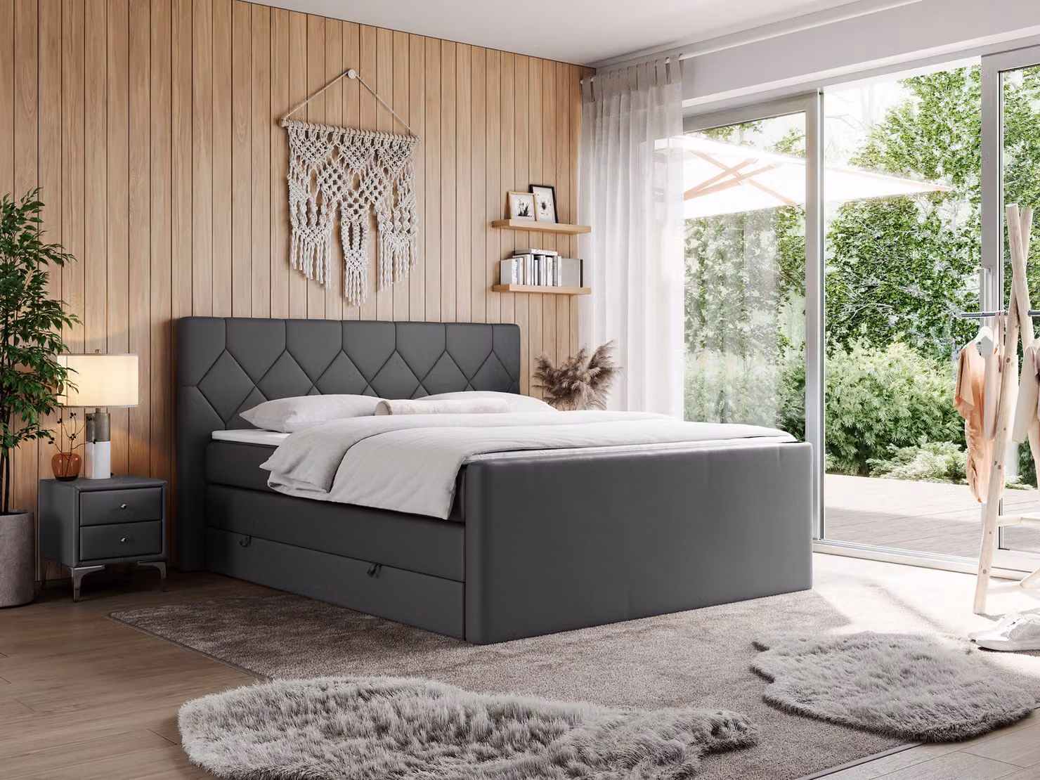 Letto boxspring con materasso matrimoniale, due cassetti portaoggetti, topper, per camera da letto - KING EIGAR - 200x200 cm - Grigio scuro - H3