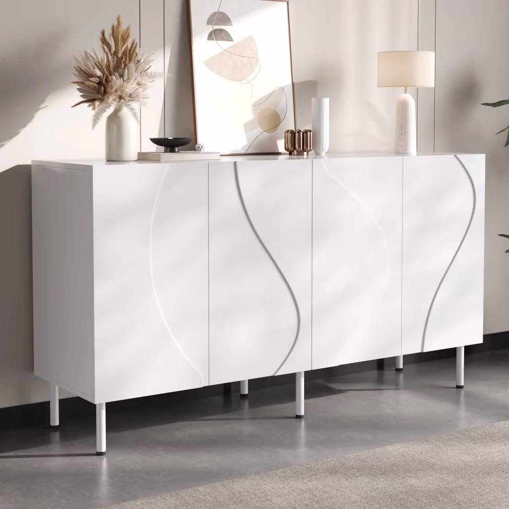Madia Mivray con 4 ante curve 3D e apertura a pressione, finitura lucida bianca, L/P/H: 140 x 40 x 77.5 cm
