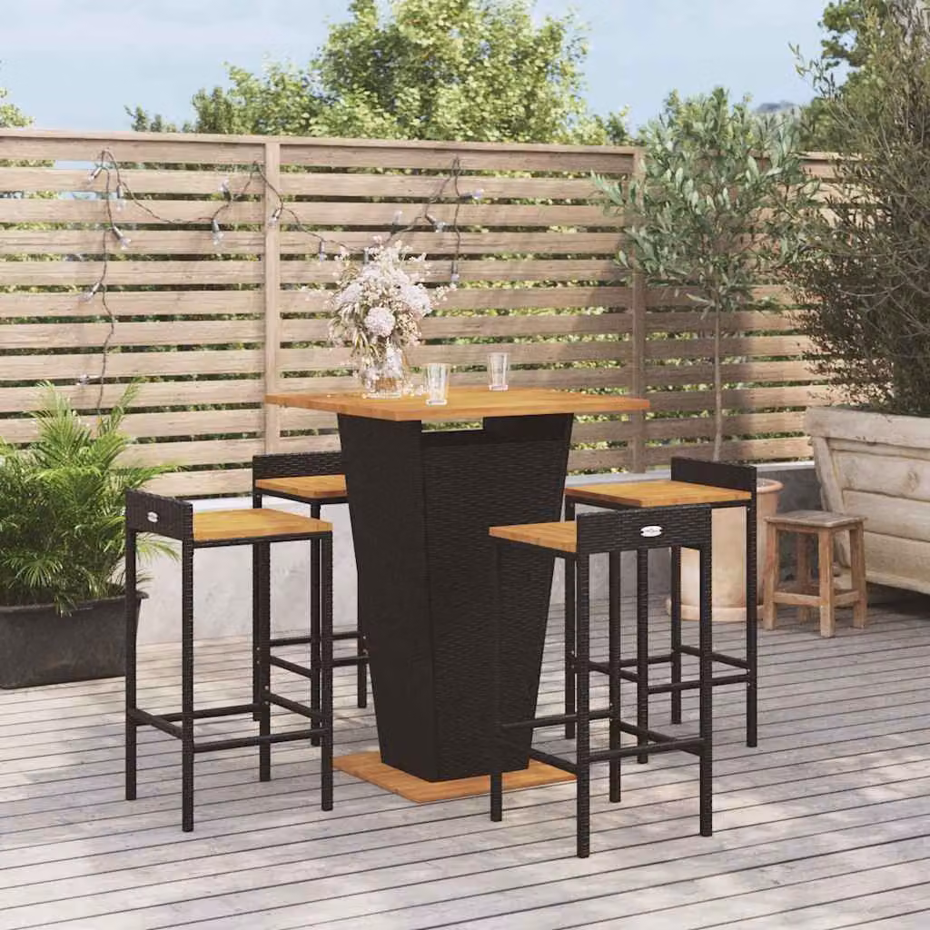 Set Bar da Giardino vidaXL in 5 Pezzi Nero con Polyrattan e Legno di Acacia Oliato