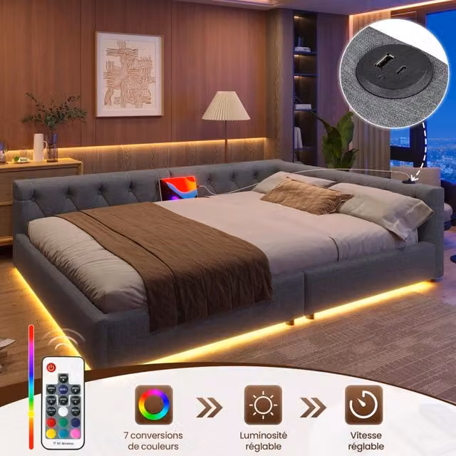 Letto matrimoniale imbottito Chicfurn grigio con testiera, porte di ricarica USB e Type-C e illuminazione LED sottostante, L/P/H: 140 x 200 x 153 cm