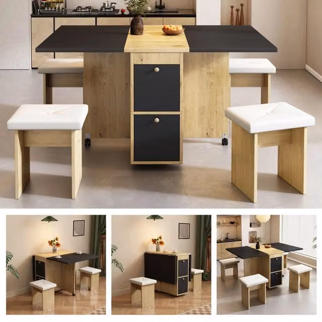 Set tavolo da pranzo con 4 sedie, tavolo allungabile e pieghevole 120x80x75 cm, multifunzione, bianco + rovere + nero