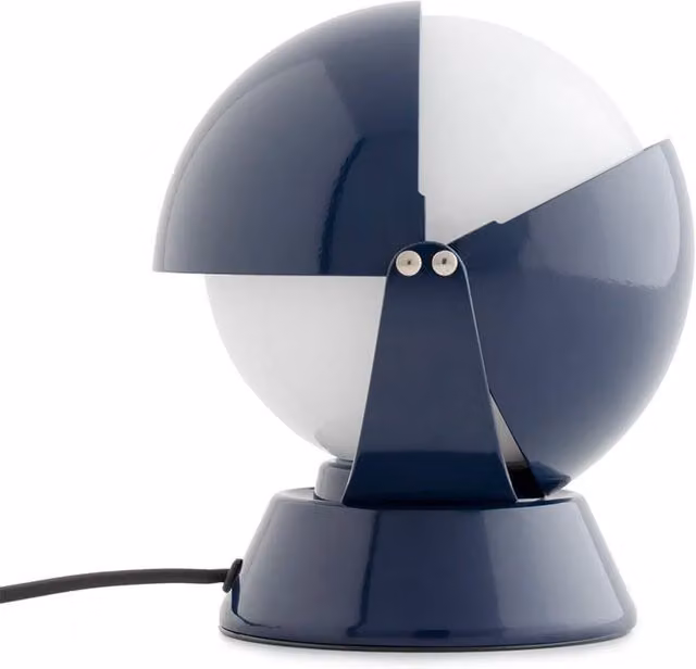 Stilnovo Buonanotte Lampada da tavolo in metallo blu con paralume a sfera in vetro e luce LED bianco caldo regolabile
