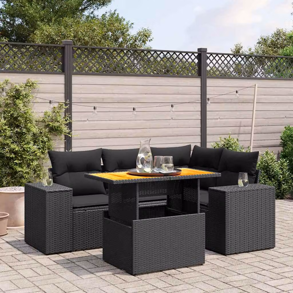 Set di Divani da Giardino vidaXL 5 Pezzi in Polyrattan Nero con Cuscini e Tavolino da Esterno a Forma di L – 1