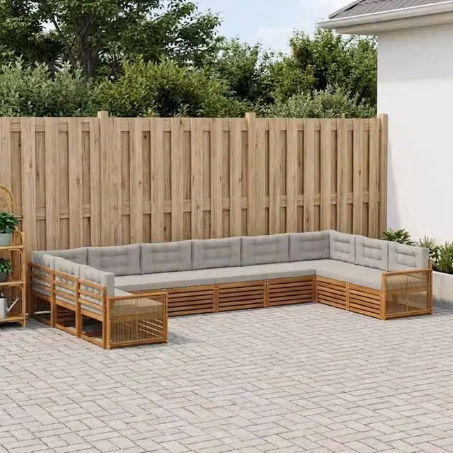 Set di divani da giardino a L vidaXL in legno di acacia con cuscini beige e grigio – 1