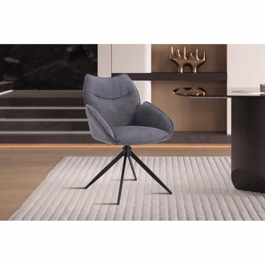 Sedia da pranzo girevole MOOREA Meublorama in tessuto grigio e beige con struttura in metallo nero stile industriale Altezza: 90 cm – 2