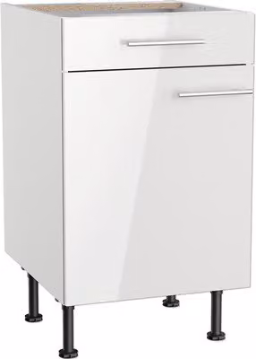 Mobile base Optifit con cassetto e anta a battente Rurik986 LxPxA 50 x 58,4 x 87 cm bianco lucido, smontato, battuta reversibile
