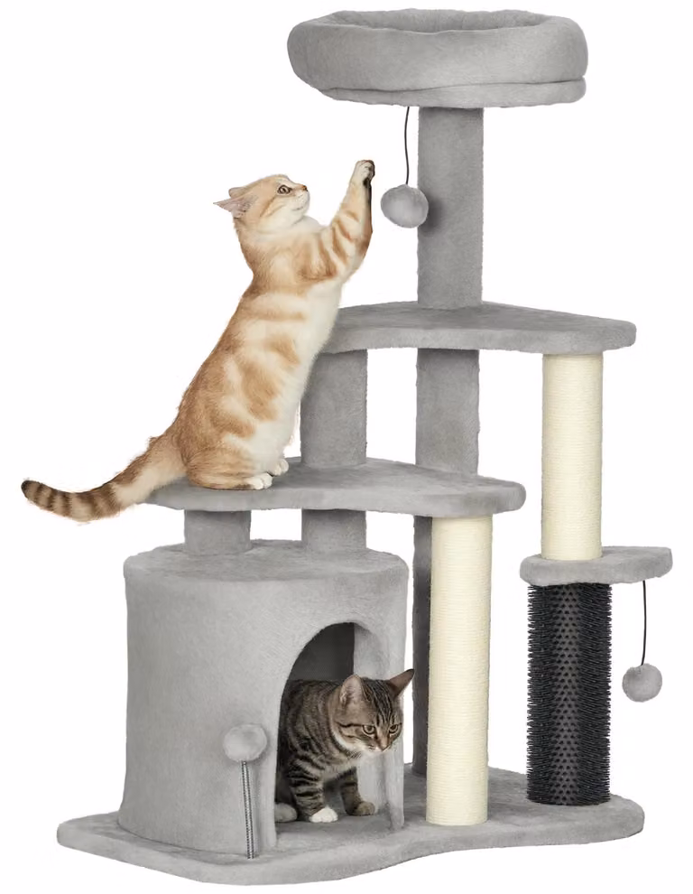 Albero per gatti - Albero da gioco con cuccia - Altezza 87 cm - 3 livelli - Realizzato in legno - Adatto a gatti fino a 5 kg - Colore grigio chiaro