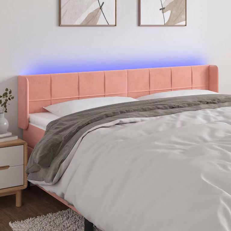 Testiera con LED e porta USB vidaXL in velluto rosa, L: 163 cm, P: 16 cm, H: 78-88 cm