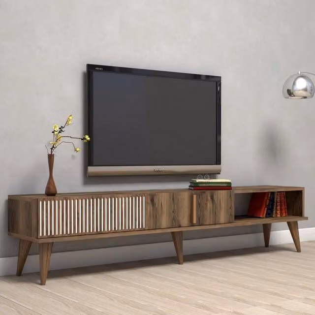 Mobile porta TV Ofena DMORA con 2 ante, stile mid-century, colore marrone e bianco, L 180 cm x P 35 cm x H 40 cm – 1