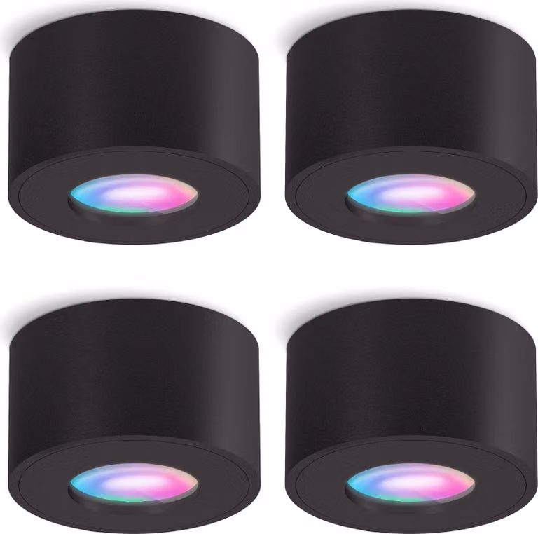 SSC-LUXon set di 4 faretti da superficie CELI-1 nero a prova di umidità IP44 con lampada LED Smart RGB+W - Spot compatibile con Alexa, Siri e Google