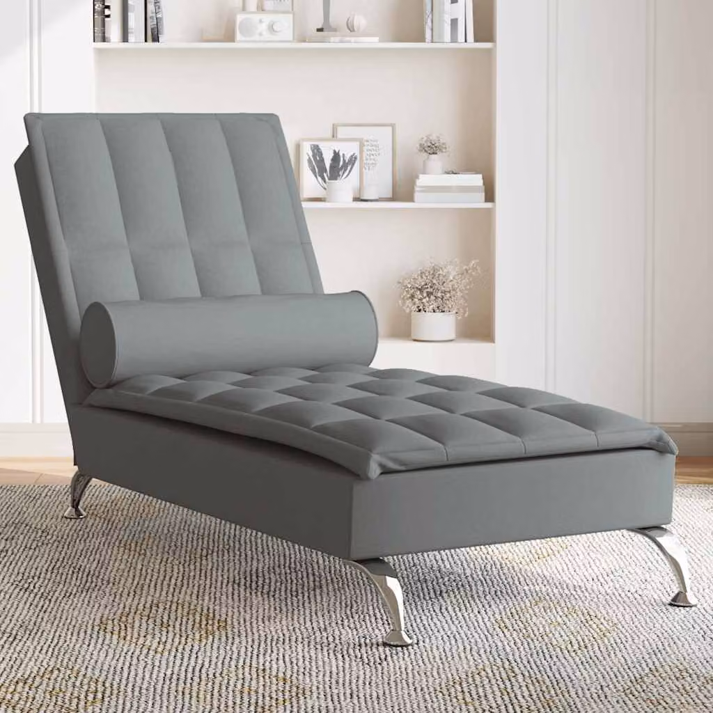 vidaXL Chaise Longue con Massaggio e Poggiatesta, Grigio Scuro, Tessuto e Schiuma, L: 138,0 cm, P: 56,0 cm, H: 75,0 cm